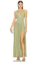 Chic A Line One Shoulder Sleeveless Cutout Detail Slit Front Floor Length Evening Dress