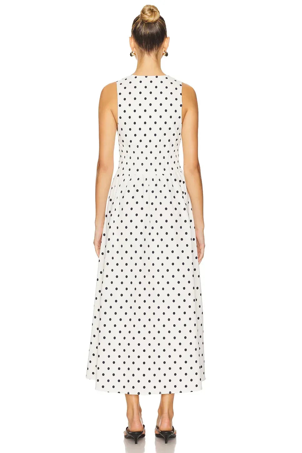 Chic A Line Scallop Neck Sleeveless Polka Dot Midi Length Evening Dress