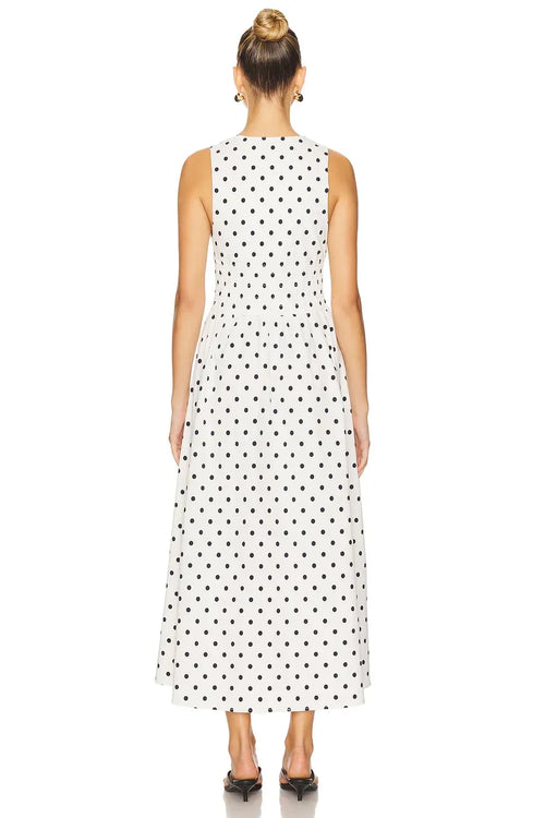 Robe de soirée chic mi-longue sans manches à pois, en ligne A et col festonné