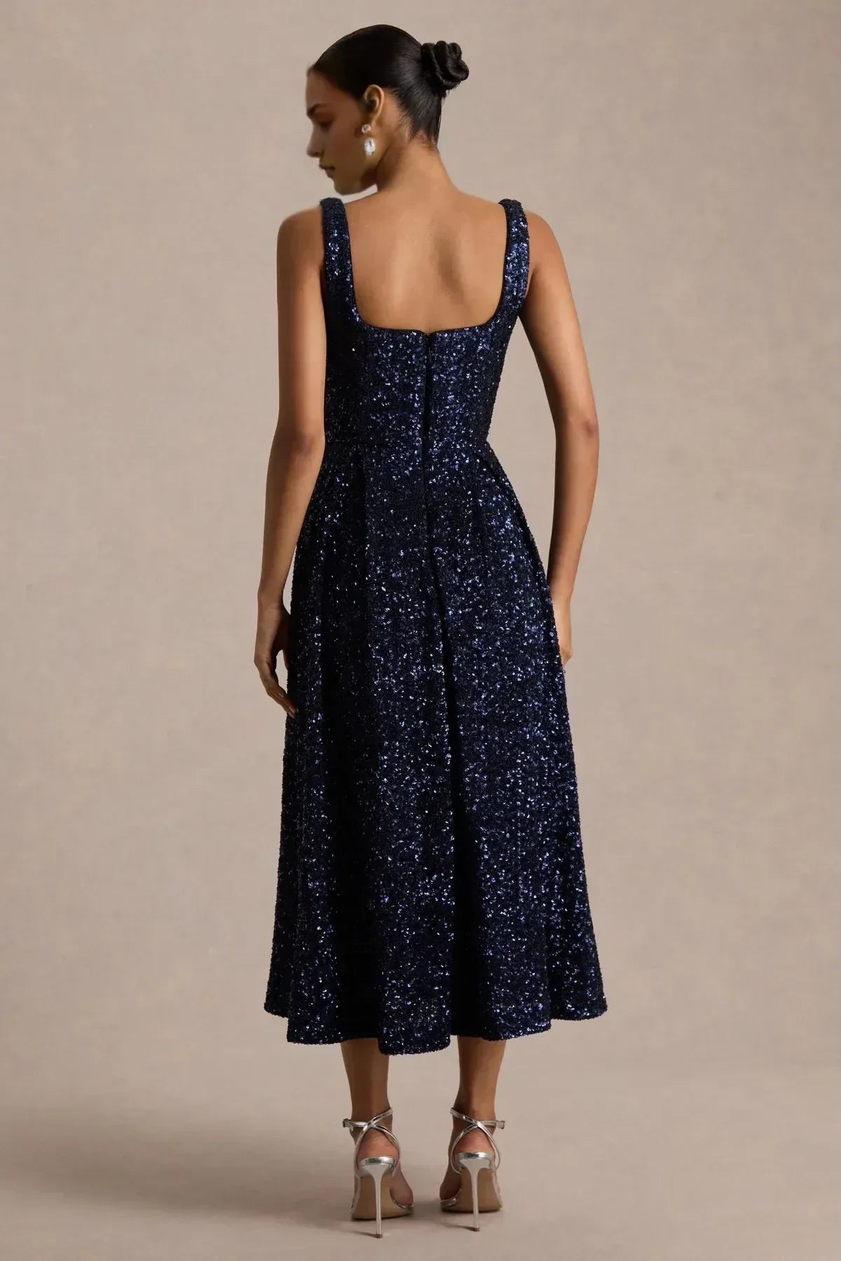Chic A Line Square Neck Sleeveless Zip Back Midi Length Evening Dress