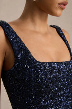Chic A Line Square Neck Sleeveless Zip Back Midi Length Evening Dress