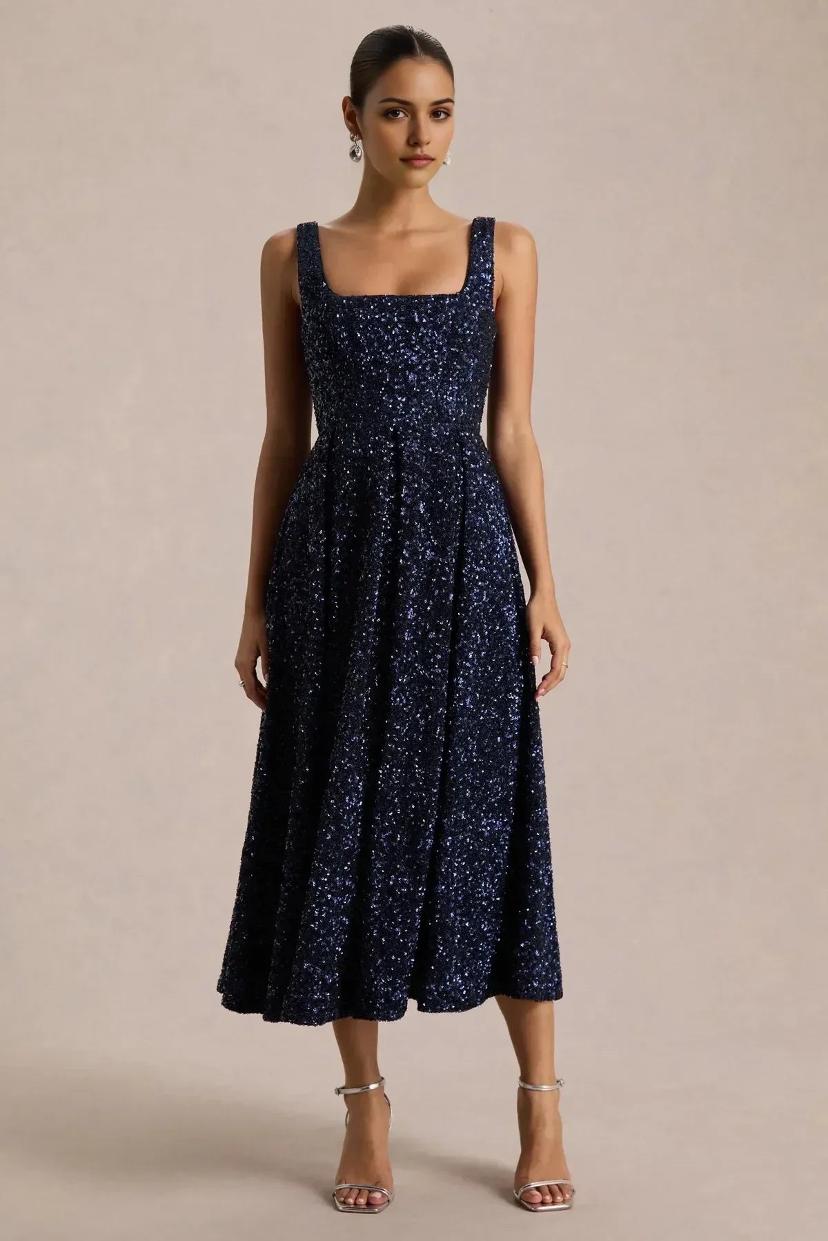 Chic A Line Square Neck Sleeveless Zip Back Midi Length Evening Dress