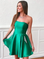 A-Line Strapless Beaded Mini Homecoming Dress with Pockets