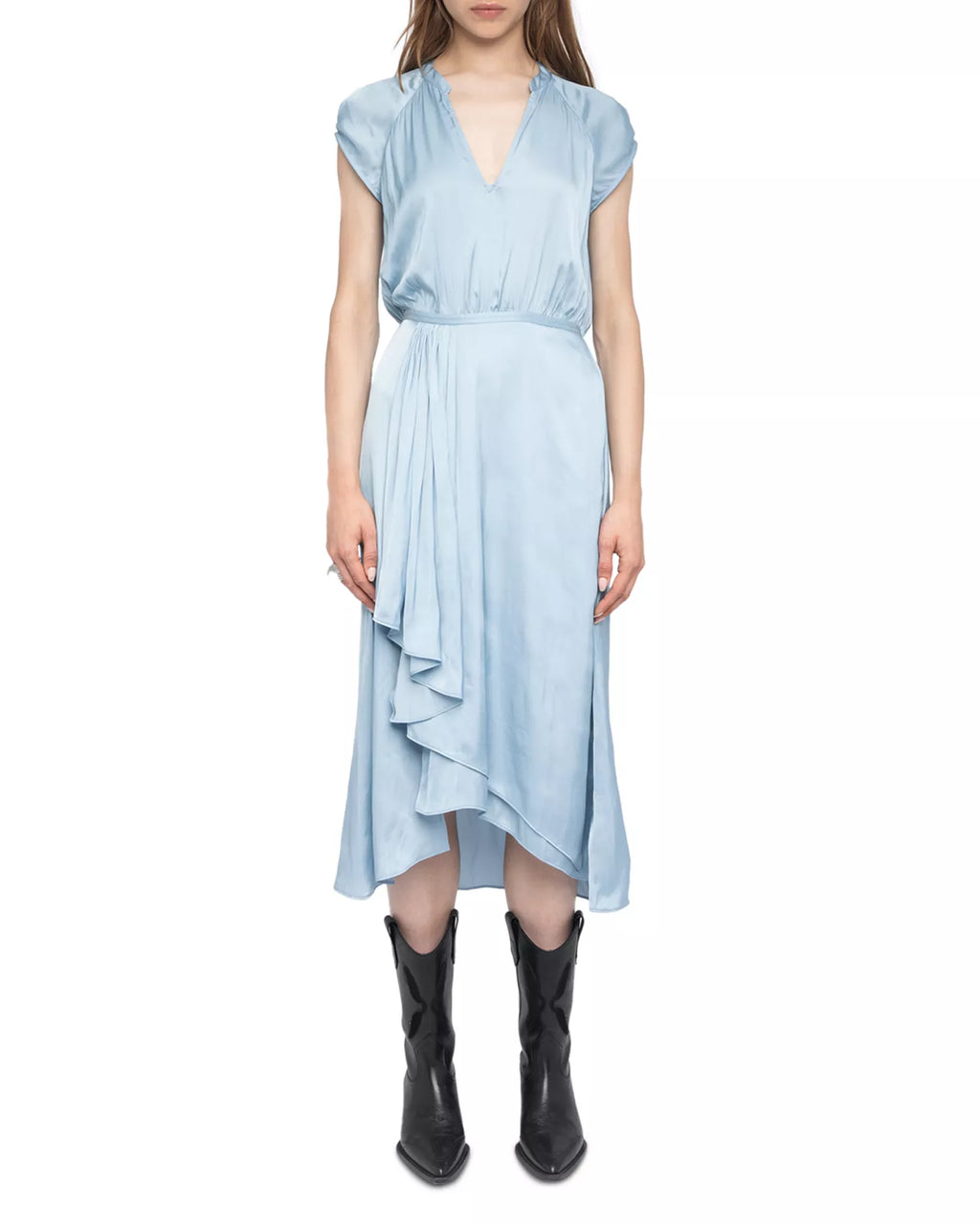 Chic A-Line V-Neck Cap Sleeve Ruched Back Asymmetrical Midi Hot Sale Prom Dress