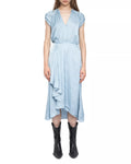 Chic A-Line V-Neck Cap Sleeve Ruched Back Asymmetrical Midi Hot Sale Prom Dress