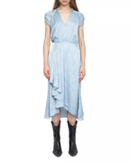 Chic A-Line V-Neck Cap Sleeve Ruched Back Asymmetrical Midi Hot Sale Prom Dress