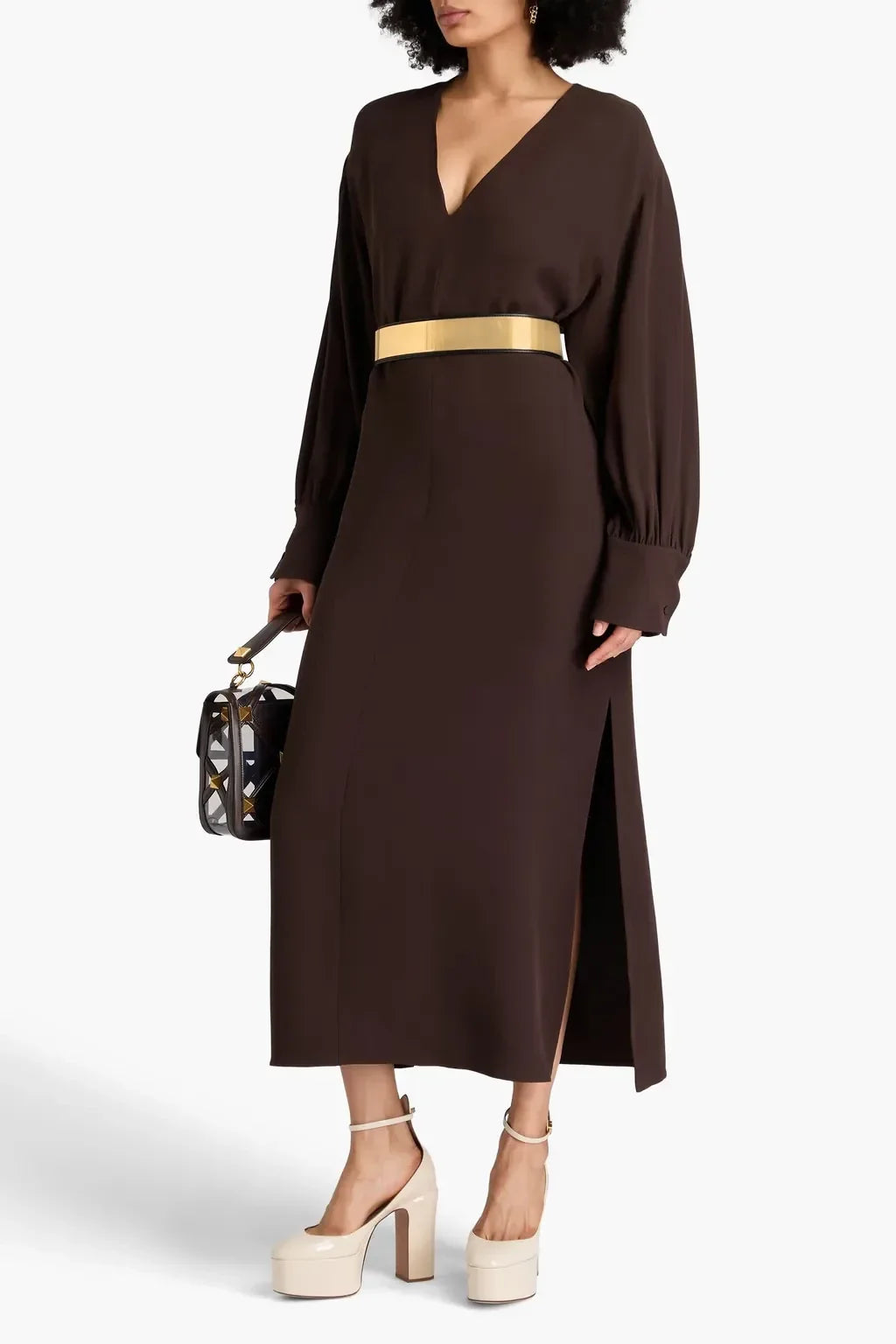 Chic A Line V Neck Puff Sleeve High Slit Midi Length Plus Size Evening Dress
