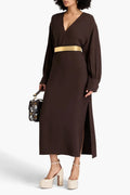 Chic A Line V Neck Puff Sleeve High Slit Midi Length Plus Size Evening Dress