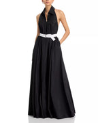 Chic Ballgown Collar Halter Neck Sleeveless Open Back Contrast Belt Floor Length For Ladies Prom Dress
