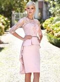 Blush Pink Peplum Midi Cocktail Dress with Sheer Three-Quarter Sleeves