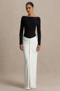 Chic Column Boat Neck Long Sleeve Low Back Floor Length Evening Dress