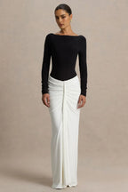 Chic Column Boat Neck Long Sleeve Low Back Floor Length Evening Dress