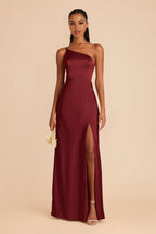 Chic Fitted Satin One Shoulder Sleeveless Asymmetrical Strap Floor Length Bridesmaid Dresses