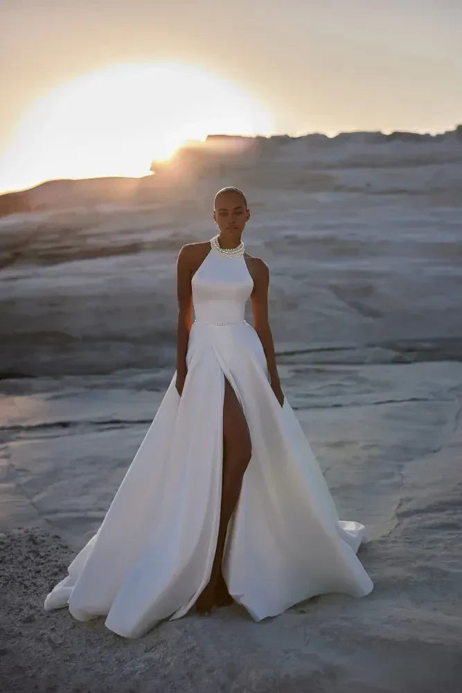 Chic Halter Ball Gown Sleeveless Open Back Long Length Wedding Dress with High Slit