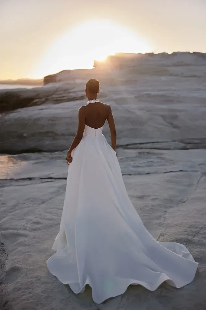 Chic Halter Ball Gown Sleeveless Open Back Long Length Wedding Dress with High Slit