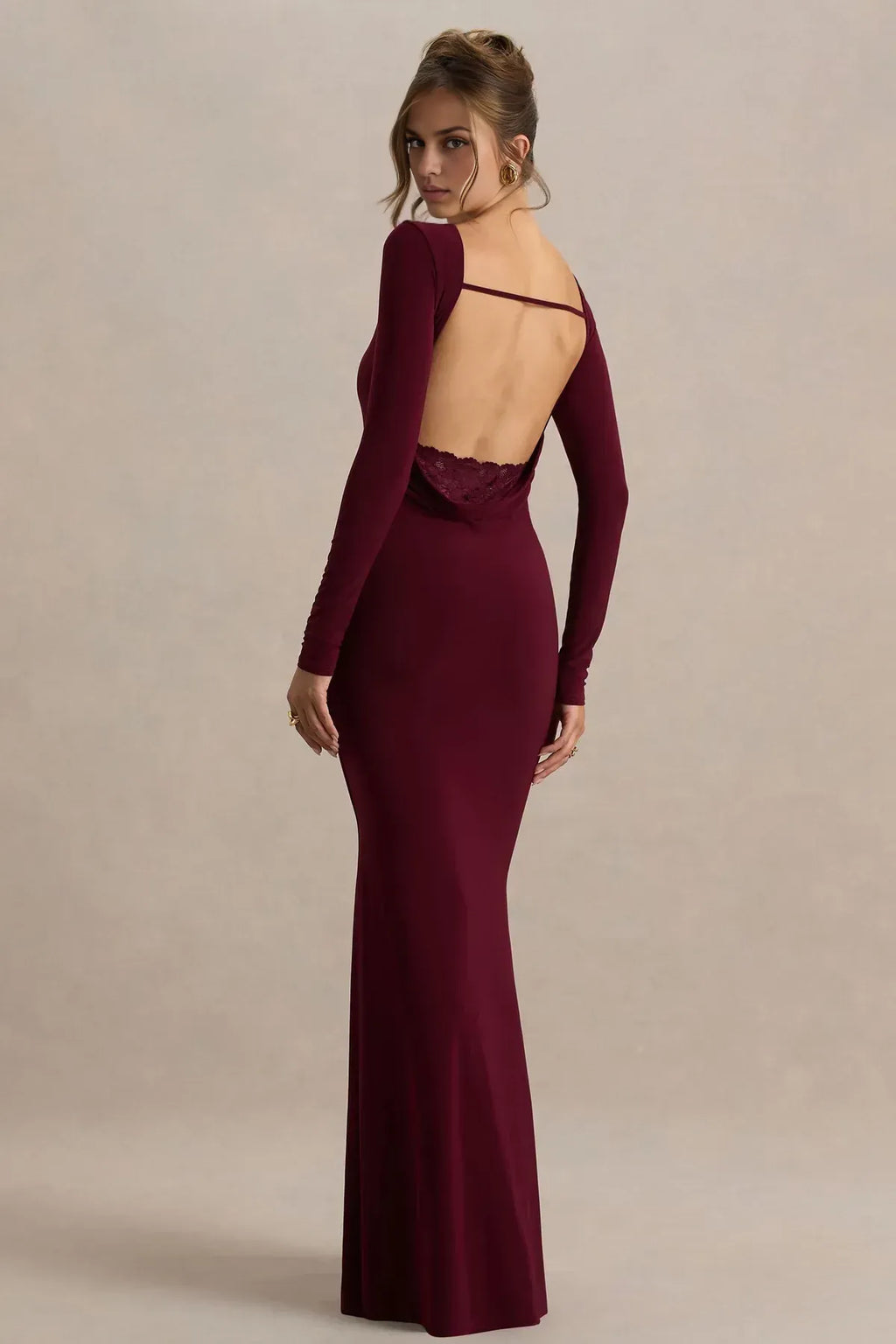 Chic Mermaid Boat Neck Long Sleeve Lace Trimmed Open Back Floor Length Evening Dress