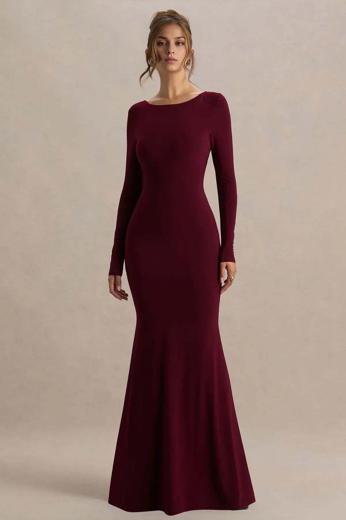 Chic Mermaid Boat Neck Long Sleeve Lace Trimmed Open Back Floor Length Evening Dress