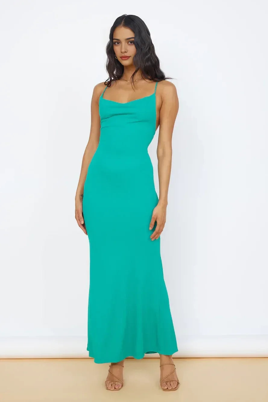 Chic Mermaid Cowl Neck Sleeveless Lace Up Cross Back Floor Length Prom Dress