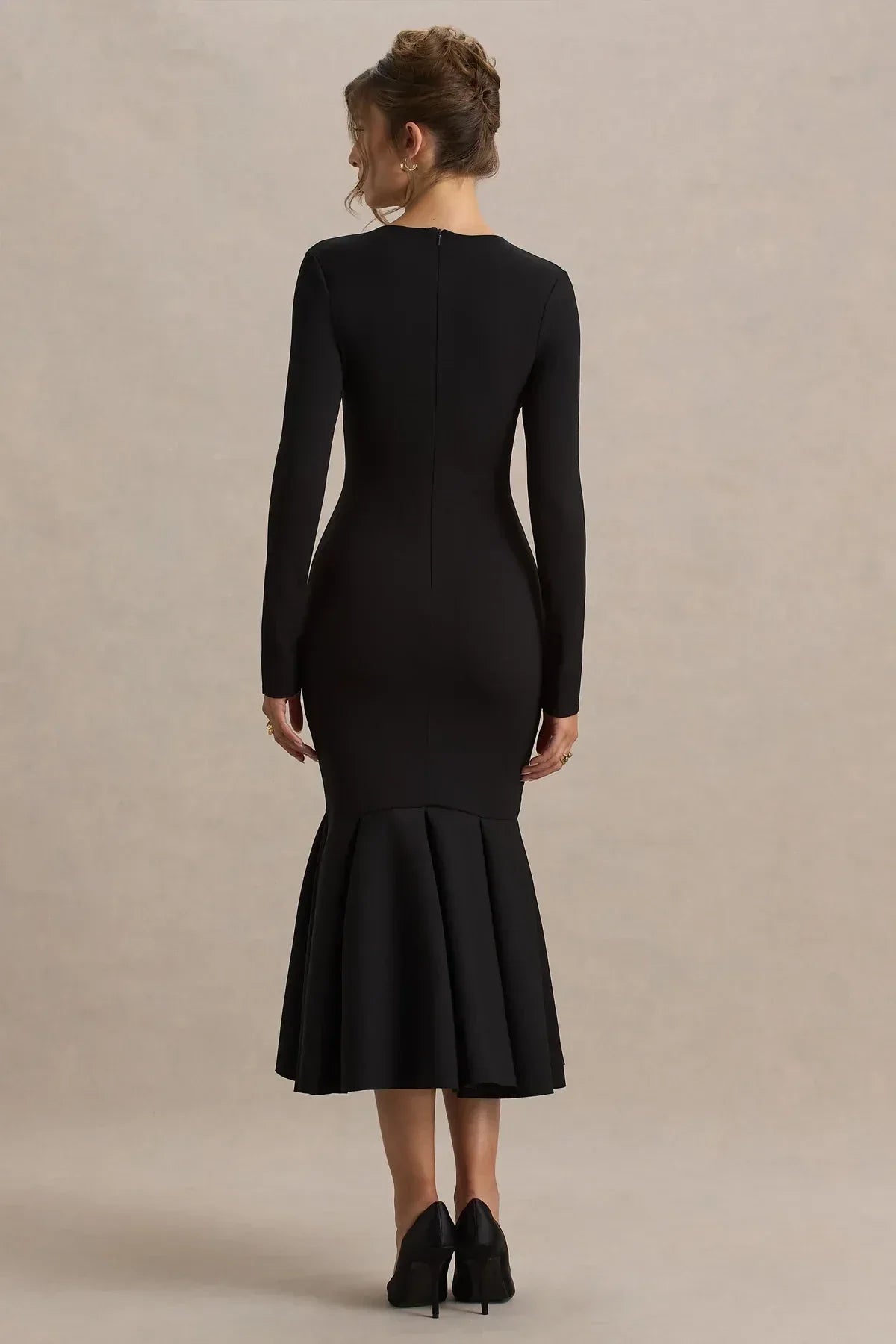 Chic Mermaid Crew Neck Long Sleeve Zipper Back Midi Length Evening Dress