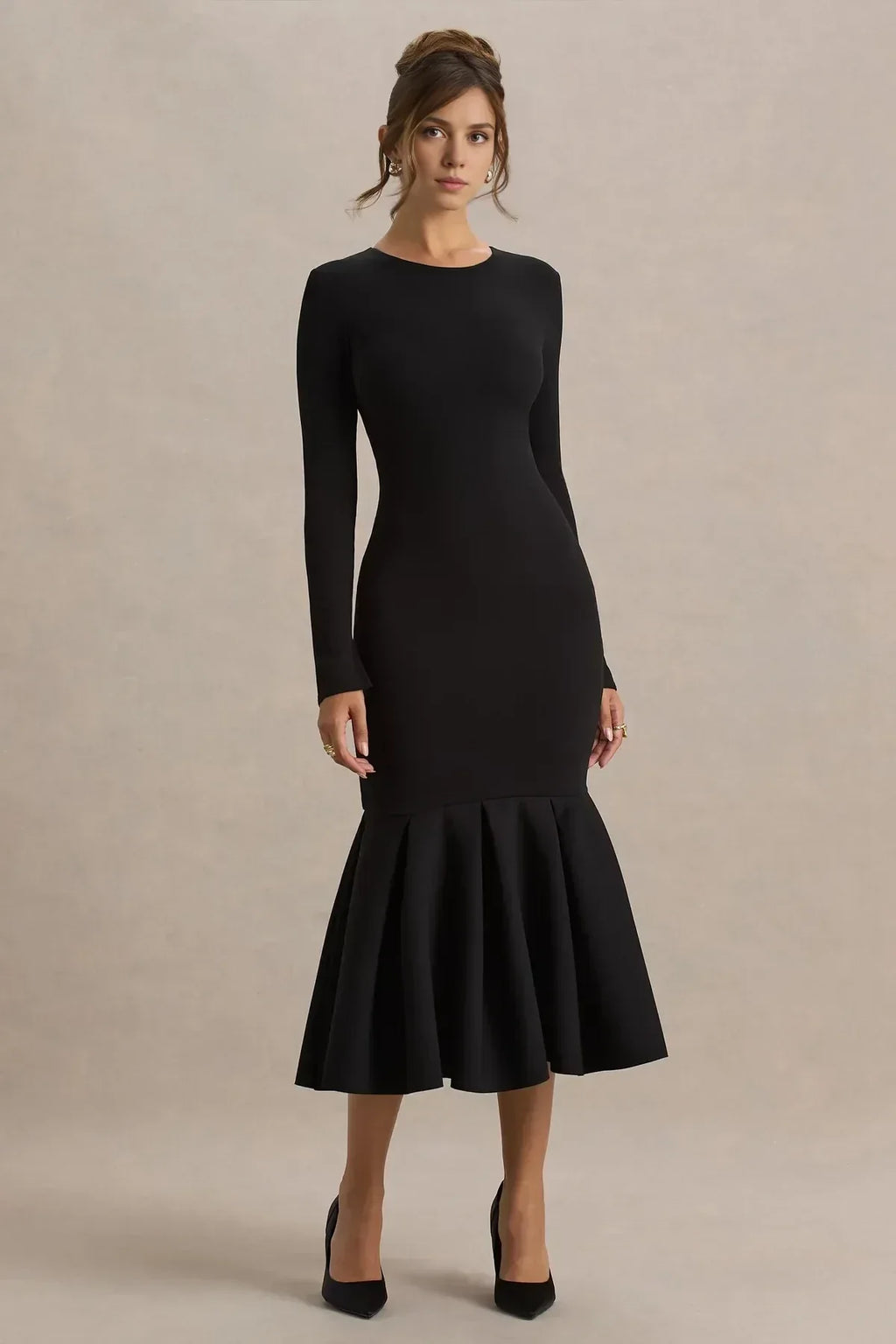Chic Mermaid Crew Neck Long Sleeve Zipper Back Midi Length Evening Dress