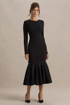Chic Mermaid Crew Neck Long Sleeve Zipper Back Midi Length Evening Dress