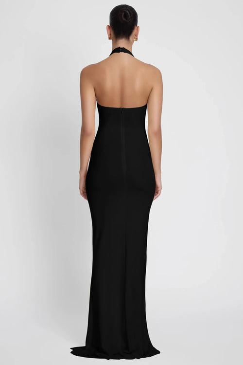 Elegante Vestito da Sera Lungo da Ballo a Sirena con Scollo all'Americana, Senza Maniche, Dettaglio da Annodare e Spacco Laterale