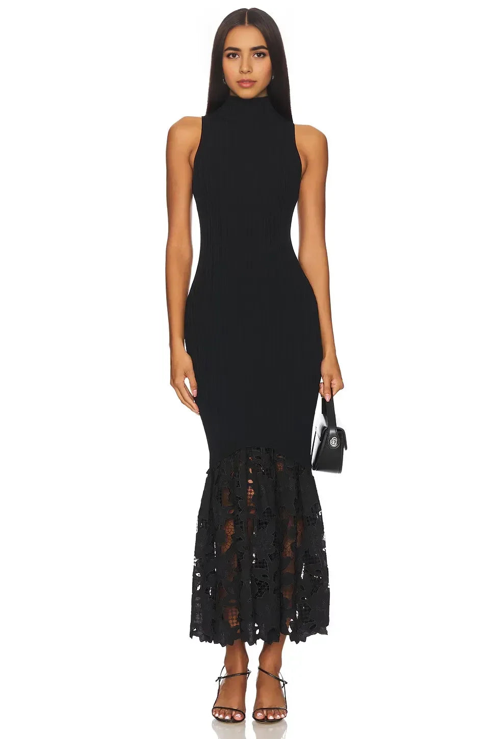 Chic Mermaid Mock Neck Sleeveless Lace Hem Midi Length Evening Dress
