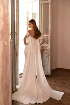 Chic Mermaid Off Shoulder Short Sleeve Open Back Long Length Wedding Dress