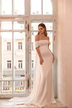 Chic Mermaid Off Shoulder Short Sleeve Open Back Long Length Wedding Dress
