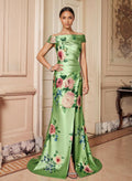 Green Mermaid Off-the-Shoulder Floral Print Mother of the Bride Dress