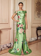 Green Mermaid Off-the-Shoulder Floral Print Mother of the Bride Dress