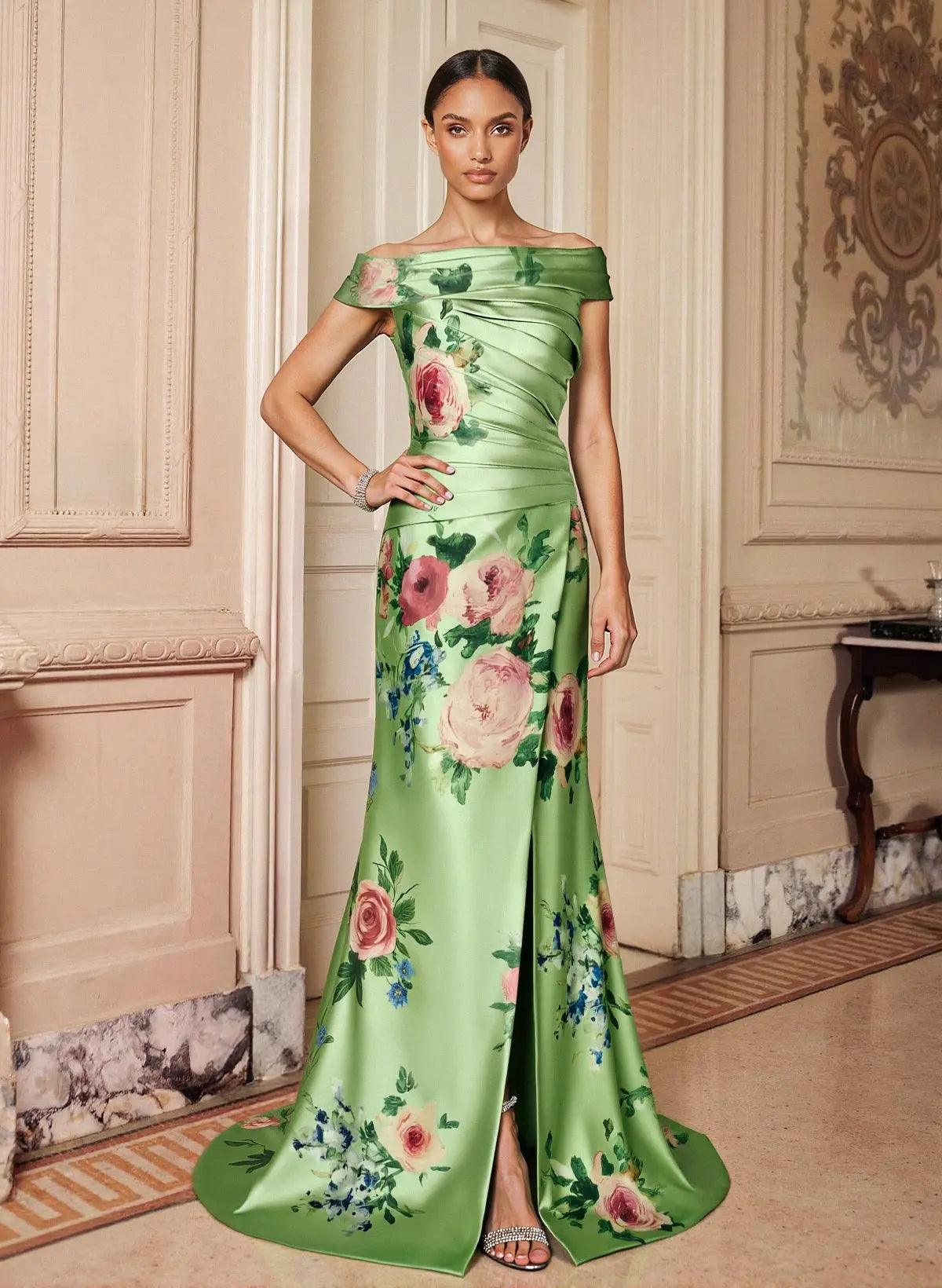 Green Mermaid Off-the-Shoulder Floral Print Mother of the Bride Dress