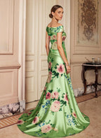 Green Mermaid Off-the-Shoulder Floral Print Mother of the Bride Dress