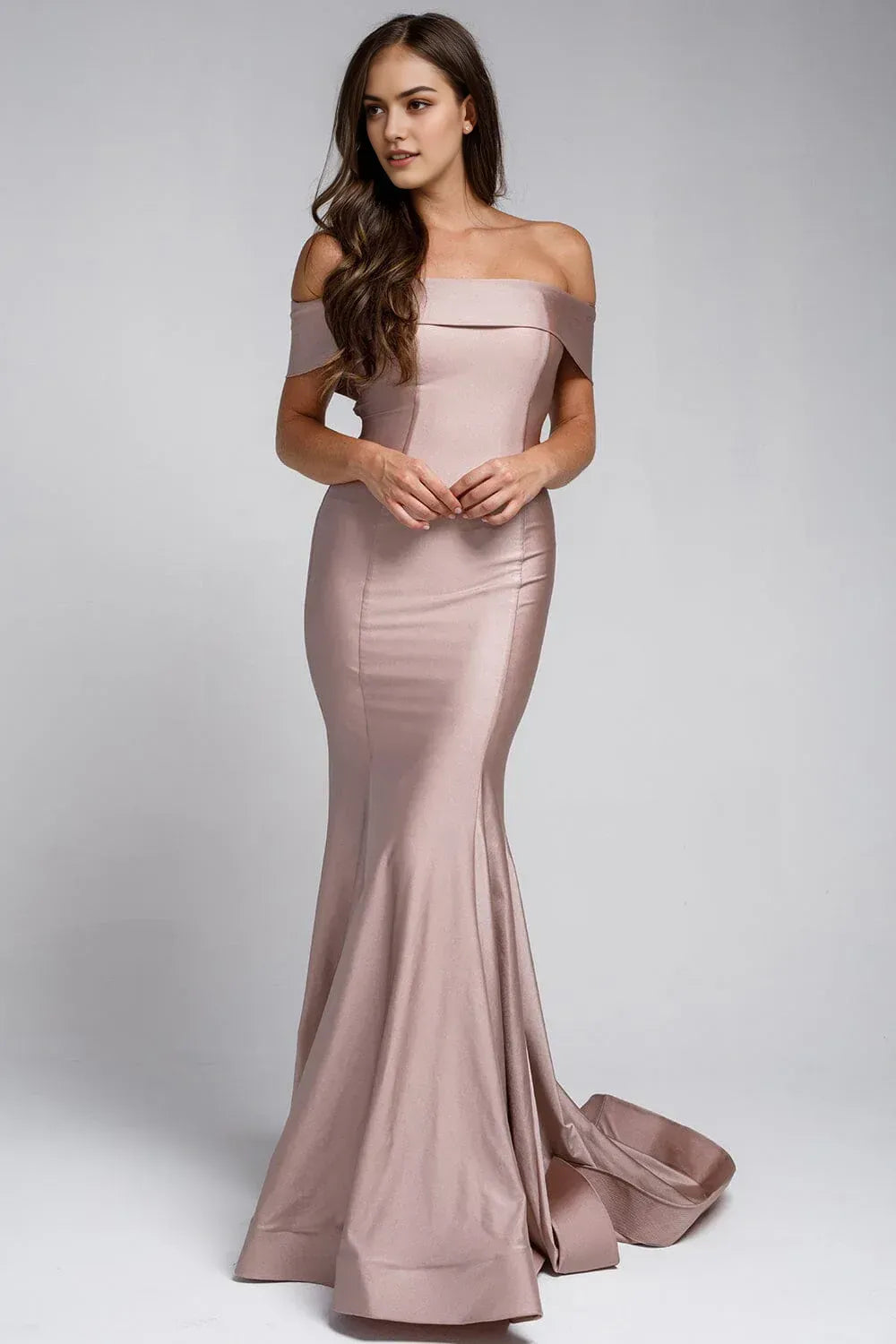 Chic Mermaid Off the Shoulder Short Sleeve Bow Back Train Length Prom Dress