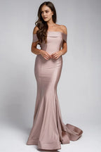 Chic Mermaid Off the Shoulder Short Sleeve Bow Back Train Length Prom Dress