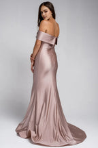 Chic Mermaid Off the Shoulder Short Sleeve Bow Back Train Length Prom Dress