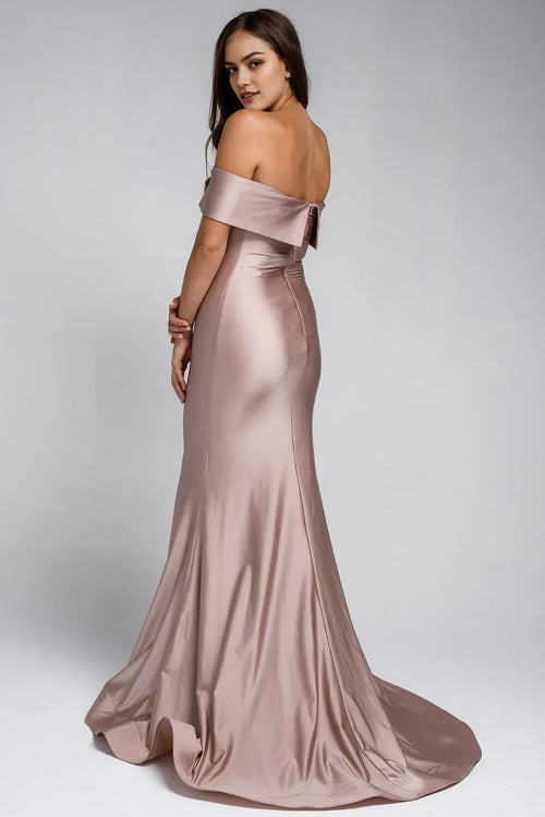Chic Mermaid Off the Shoulder Short Sleeve Bow Back Train Length Prom Dress