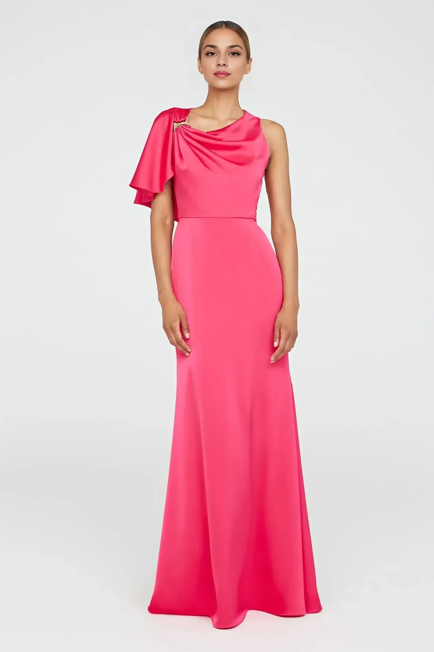 Chic Mermaid One Shoulder Drape Sleeve Zipper Back Floor Length Evening Dress