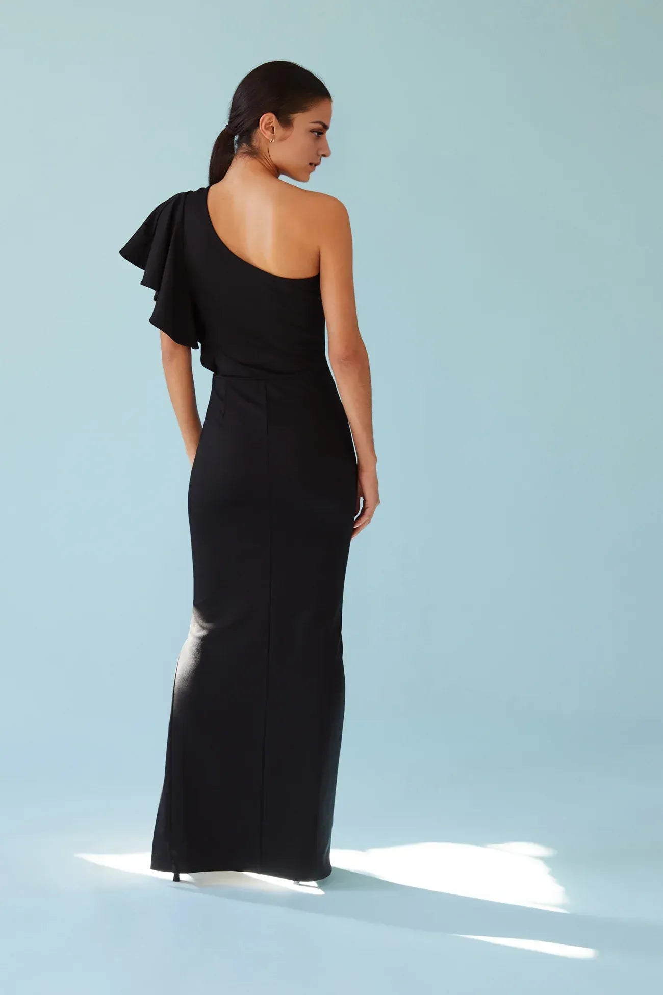 Chic Mermaid One Shoulder Ruffled Sleeve Open Back Floor Length Prom Dress