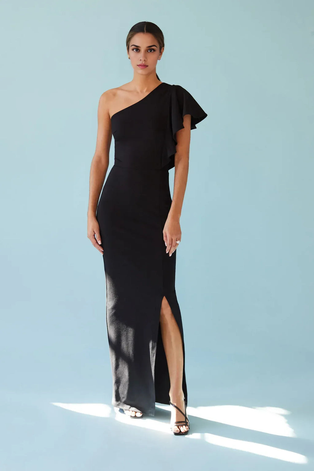 Chic Mermaid One Shoulder Ruffled Sleeve Open Back Floor Length Prom Dress