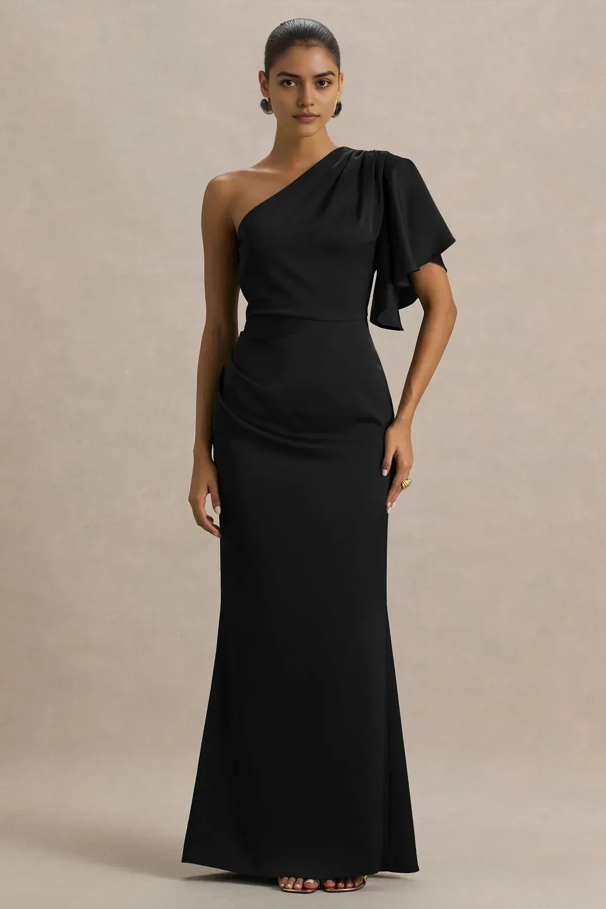 Chic Mermaid One Shoulder Ruffled Sleeve Zipper Back Floor Length Evening Dress