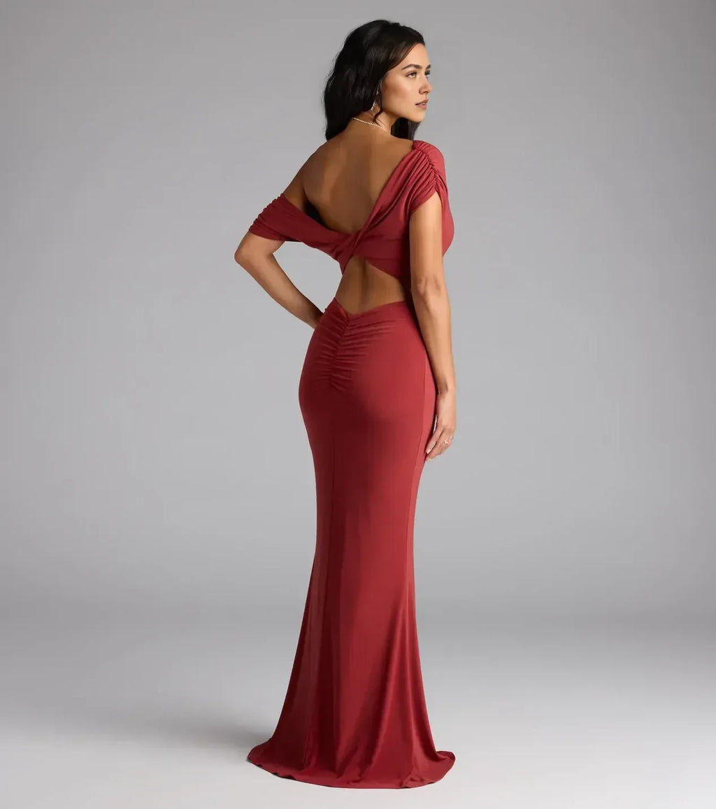 Chic Mermaid One Shoulder Short Sleeve Cut Out Back Floor Length Prom Dress