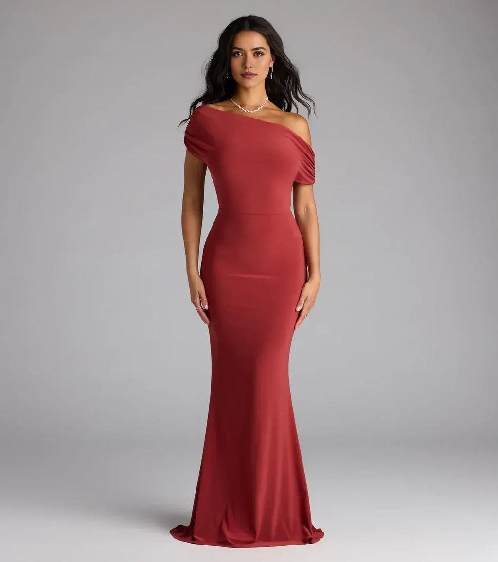 Chic Mermaid One Shoulder Short Sleeve Cut Out Back Floor Length Prom Dress
