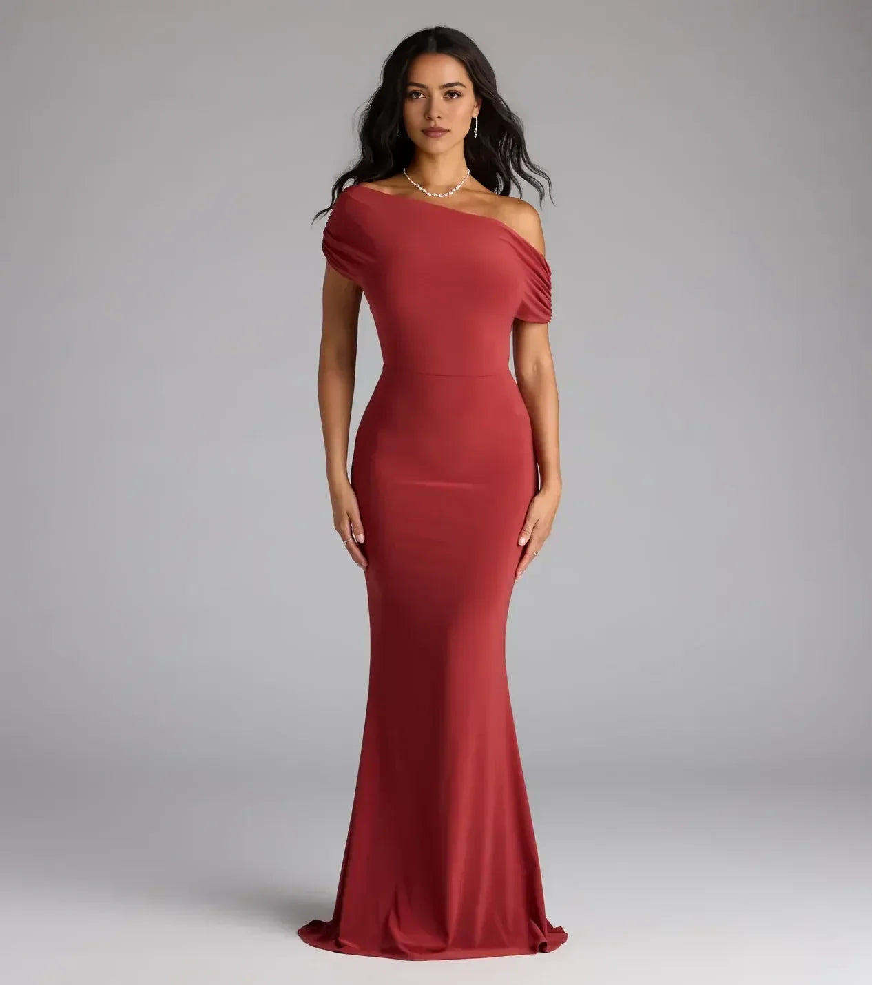 Chic Mermaid One Shoulder Short Sleeve Cut Out Back Floor Length Prom Dress