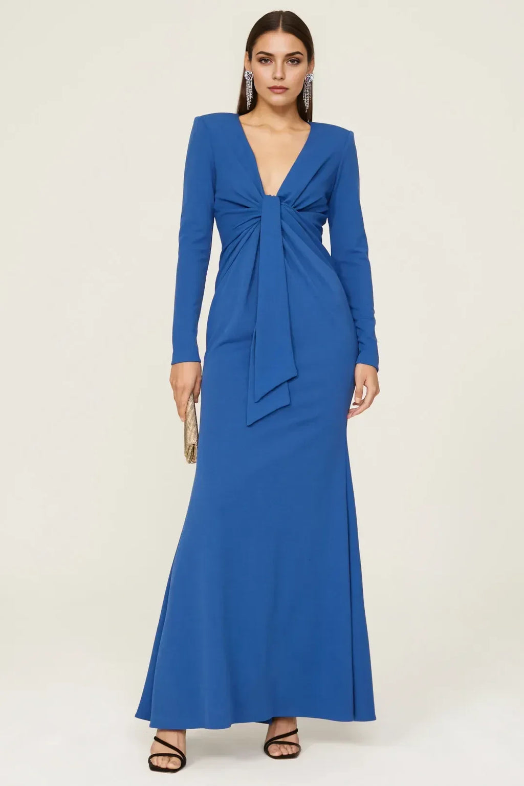 Chic Mermaid Plunge Neck Long Sleeve Knot Front Floor Length Plus Size Prom Dress