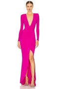 Chic Mermaid Plunging V Neck Long Sleeve Slit Front Floor Length Evening Dress