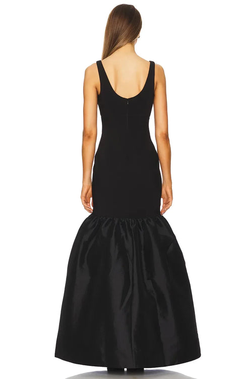 Robe de soirée sirène chic, col carré, sans manches, dos nu, longueur ras du sol