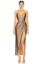 Chic Mermaid Strapless Plunging Neck Ruched Slit Floor Length Evening Dress