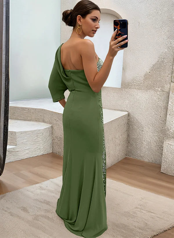 Green Olive One-Shoulder Draped Sleeve Mermaid Evening Gown with Beaded Slit Mother of the Bride Dress