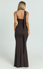 Chic Sheath Asymmetric Halter Ruched Bodice Open Back Floor Length Plus Size Evening Dress